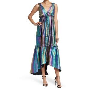 Betsey Johnson Liquid Rainbow Metallic Tiered Maxi Dress Hi-Low Sleeveless Small